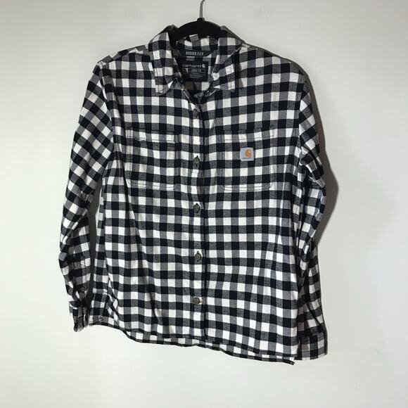 Carhartt Tops - Carhartt womens S black white plaid long sleeve button up flannel loose fit